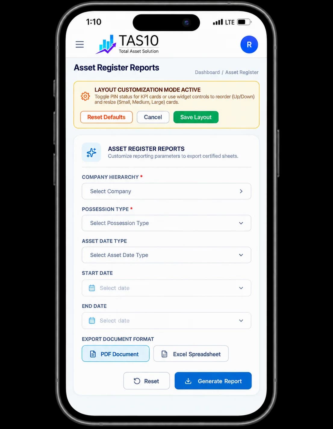 TAS10 asset registration screen