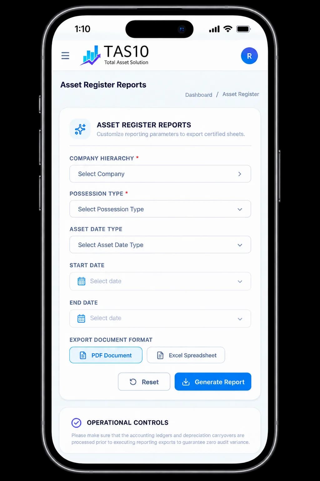 TAS10 asset report screen